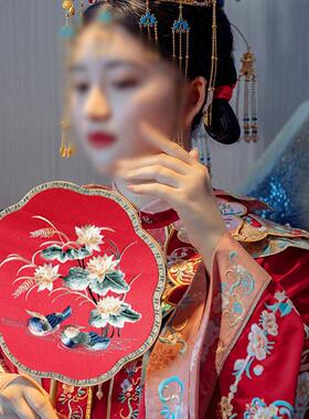 苏绣团扇双面异色古典宫扇子汉服舞蹈扇女式长柄宫廷八瓣紫竹刻字
