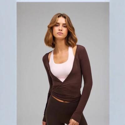 Women Ballet Wrap Top Long Sleeve Deep V Neck Cross Tie