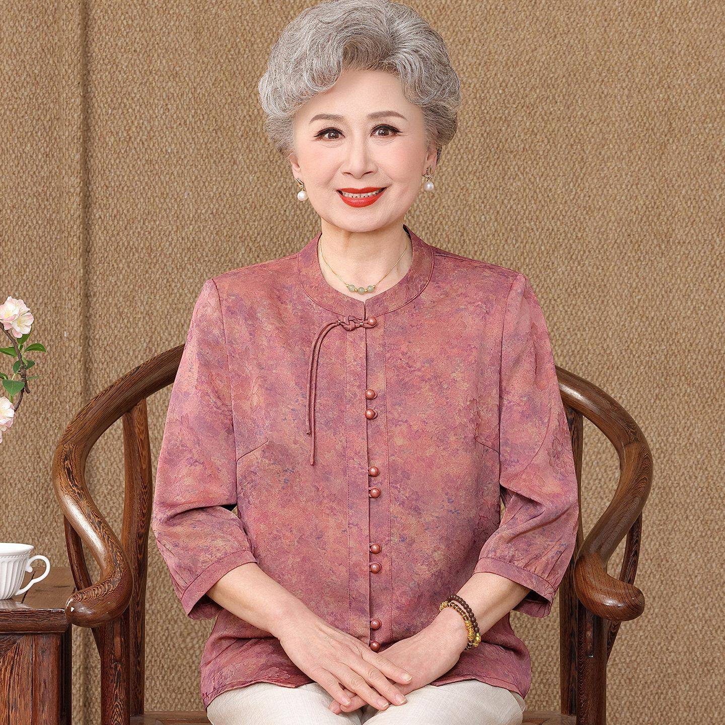 中老年人衬衫女开衫夏装桑蚕丝100%民族风奶奶透气真丝印花上衣薄