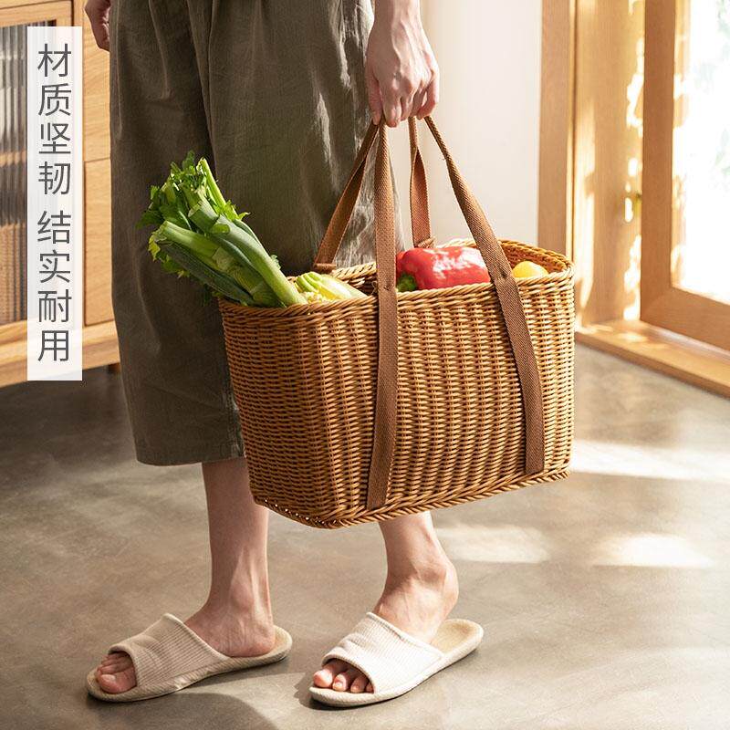 买菜手提篮春游户外野餐藤编塑料露营洗澡竹编菜篮编织篮采摘申恒