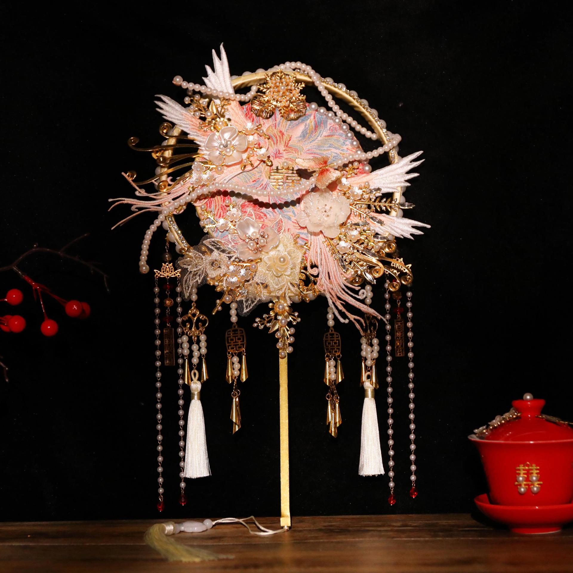 团扇新娘结婚材料包手工成品喜扇高级婚礼重工婚扇子双面