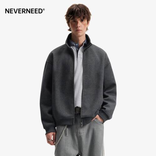 NEVERNEED纯色立领重磅开衫卫衣男女秋季美式短款休闲运动外套潮