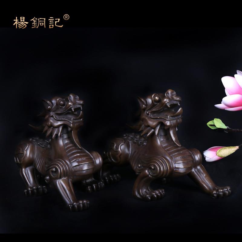 杨铜记 铜貔貅一对摆件铜器摆件居家店铺装饰  咖啡色 独角貔貅