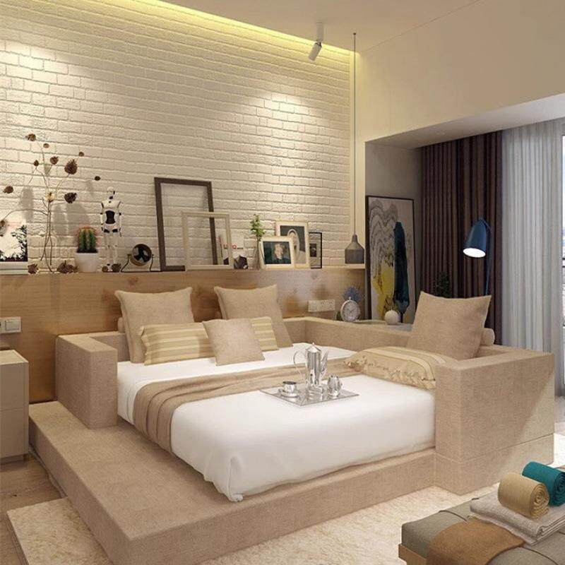 榻榻米轻奢布艺床卧室现代简约实木婚床双人床日式休闲北欧新款