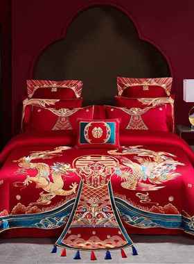 100支BCBL-芊端长绒棉婚高庆四件套大红上色纯喜棉被龙凤刺绣结婚