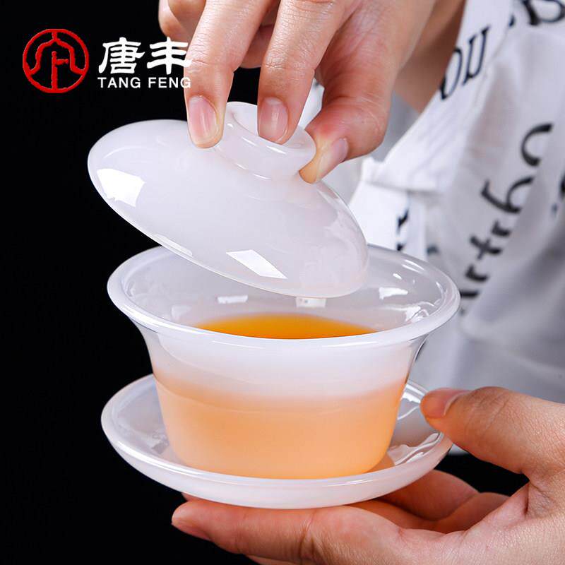 唐丰白玉琉璃三才盖碗茶杯单个家用高端玉瓷泡茶具防烫敬茶手抓碗