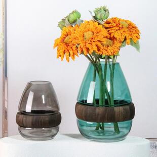 北欧ins高颜值网红木头玻璃花瓶现代极简客厅玄关装饰瓶花器摆件
