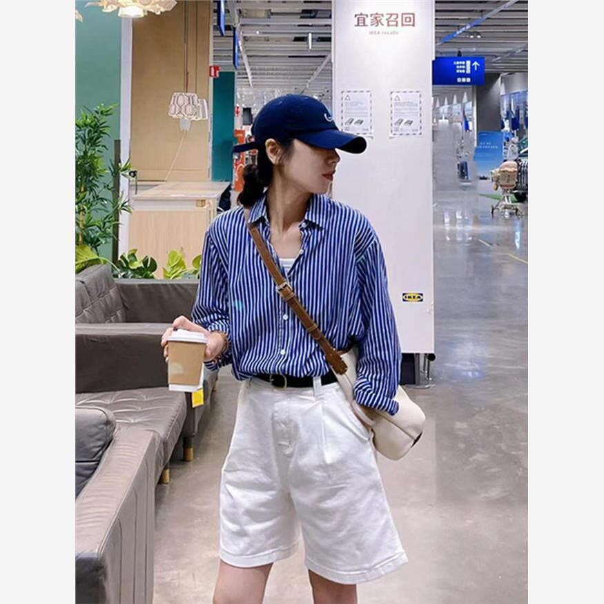 NextMary法式蓝色条纹长袖衬衫女春季休闲衬衣百搭高级感打底上衣