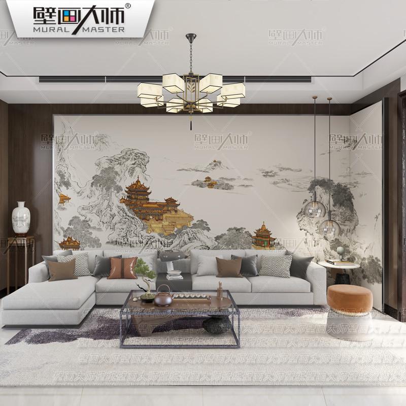 新中式山水墙布背景墙壁布描金楼阁壁画客厅沙发卧室茶室壁纸轻奢