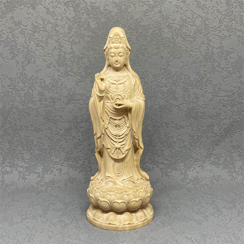 小叶黄杨木雕南海观世音菩萨手持如意轮站莲佛像家用供奉请佛摆件