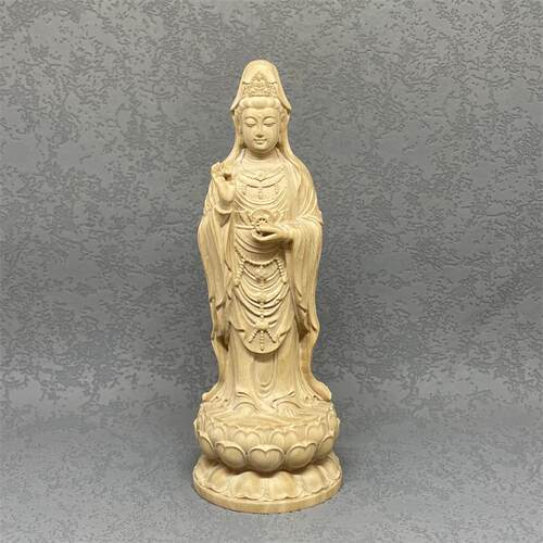 小叶黄杨木雕南海观世音菩萨手持如意轮站莲佛像家用供奉请佛摆件