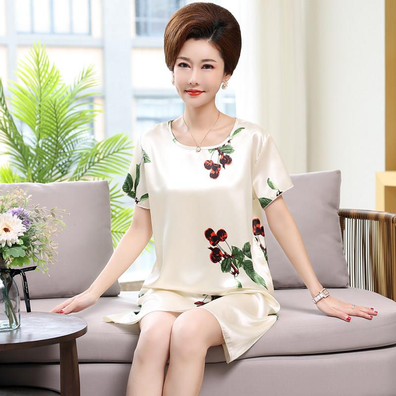 中老年中年薄款夏季冰丝睡裙女妈妈家居服连衣裙子睡衣丝绸休闲