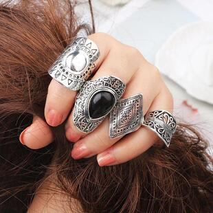 4PCS/Set Vintage Turkish Beach Punk Resin Beads Ring Set Eth