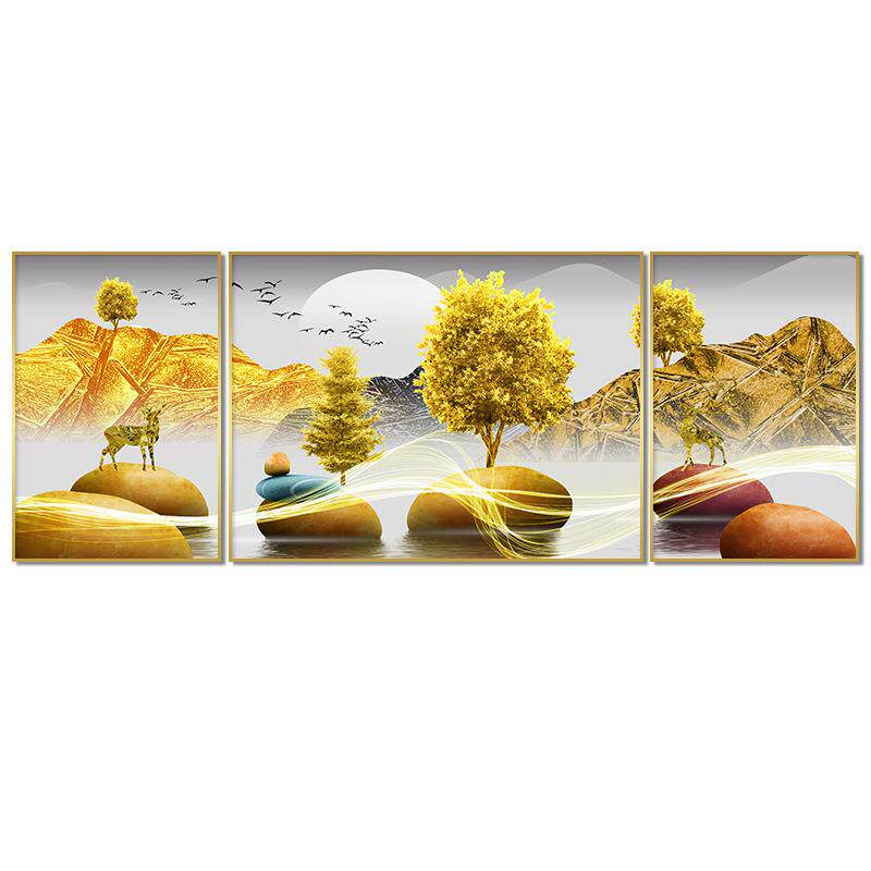轻奢客厅装饰画三联挂画北欧风景沙发后背景墙面壁画时来运转石头