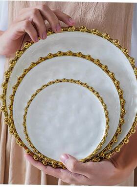 20CM Dark Green Gold Border Beaded Ceramic Dessert Plate
