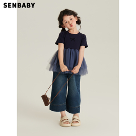 senbaby女童夏装短袖小女孩韩版显瘦拼纱T恤中大童烫钻蝴蝶结上衣