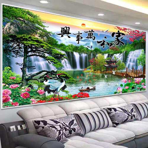 蒙娜丽莎十字绣2021新款客厅家和万事兴流水生财迎客松风景山水画