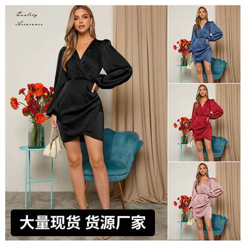 Cross neck dress, satin long sleeved dress, Asian style