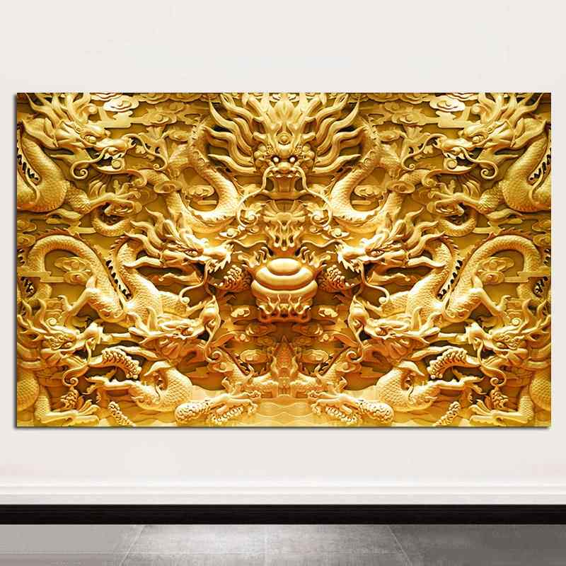 九龙戏珠画九龙图招财风水画金龙壁纸佛堂背景电视背景装饰画自粘