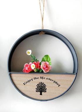 工业风复古壁挂餐厅篮挂件墙仿真绿花植挂饰创意墙上面吧台装饰品