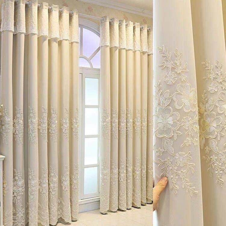 定制简约布纱一体蕾丝绣花双层窗帘布料卧室客厅飘窗全遮光成品