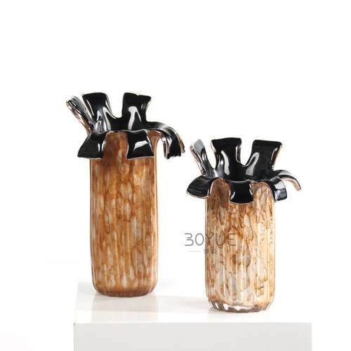 现代简约艺术棕色肌理轻奢高档大平层样板房客厅装饰琉璃花瓶摆件