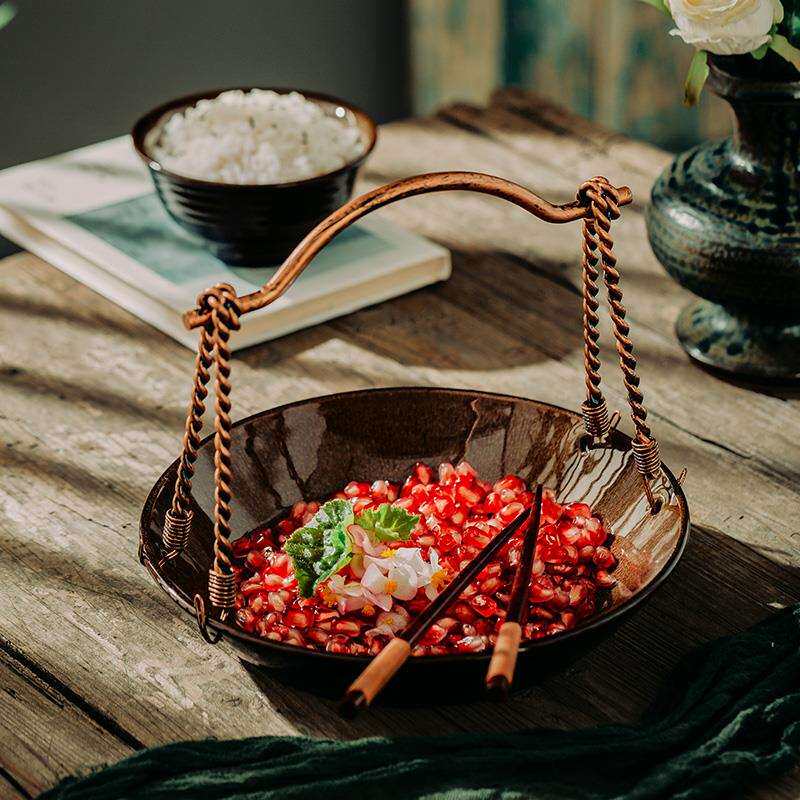 日式陶瓷提手盘子菜盘网红特色酒店农家乐餐厅深盘艺术摆盘感