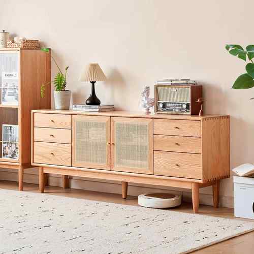 全实木电视柜客厅藤编电视机柜子现代简约家用落地收纳储物置物柜