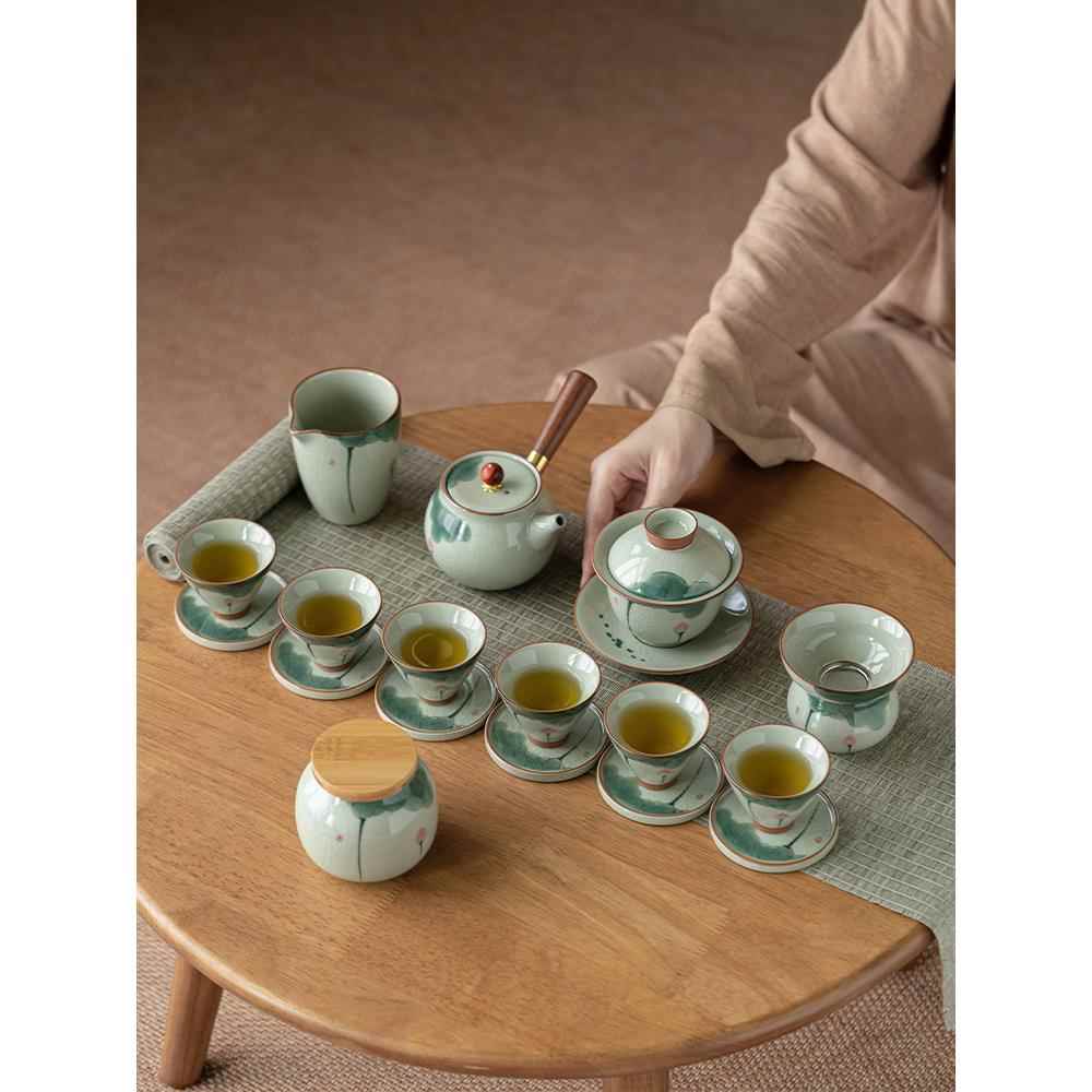 岩香坊冰裂手绘荷花茶壶套装釉下彩家用陶瓷功夫茶具礼盒装中式