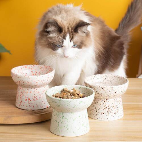 高脚猫碗陶瓷宠物碗护颈平口碗猫碗猫咪食盆粮碗成猫食器厂家