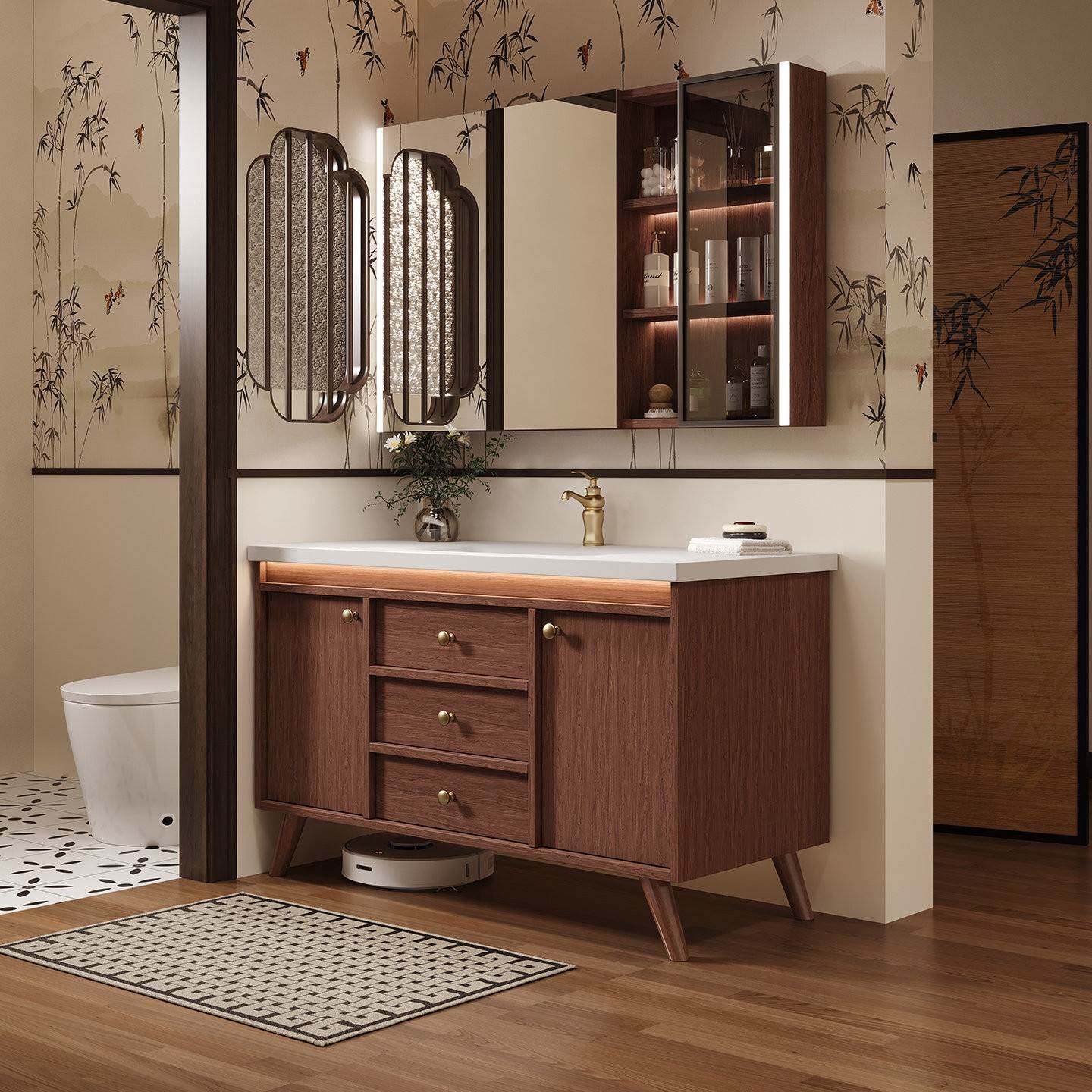 新中式陶瓷一体盆浴室柜卫生间橡胶木落地洗脸盆可丽耐洗漱台定制