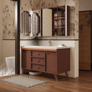 新中式陶瓷一体盆浴室柜卫生间橡胶木落地洗脸盆可丽耐洗漱台定制