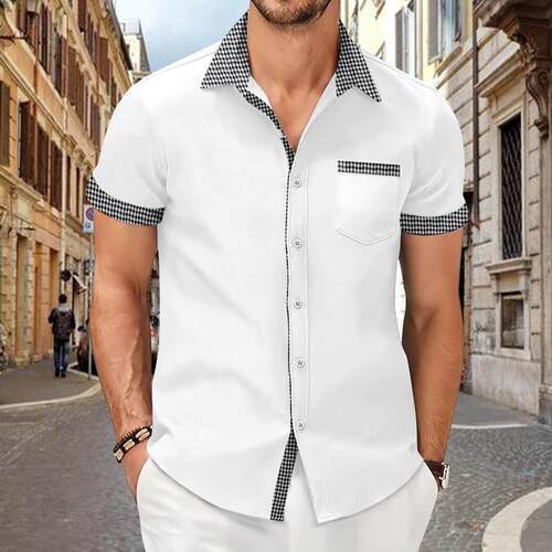 H 95399 Men's Checkered Short Sleeve Shirt 千鸟格短袖衬衫