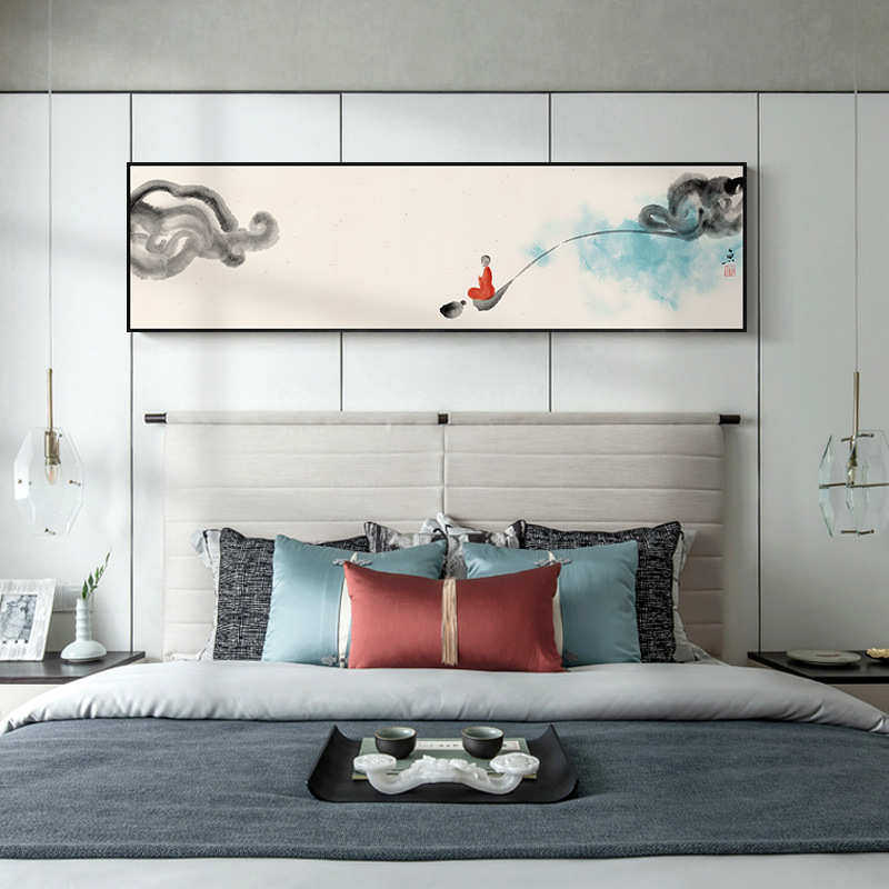 心如止水 新中式风格床头装饰画禅意打坐壁画莲花水墨山卧室挂画