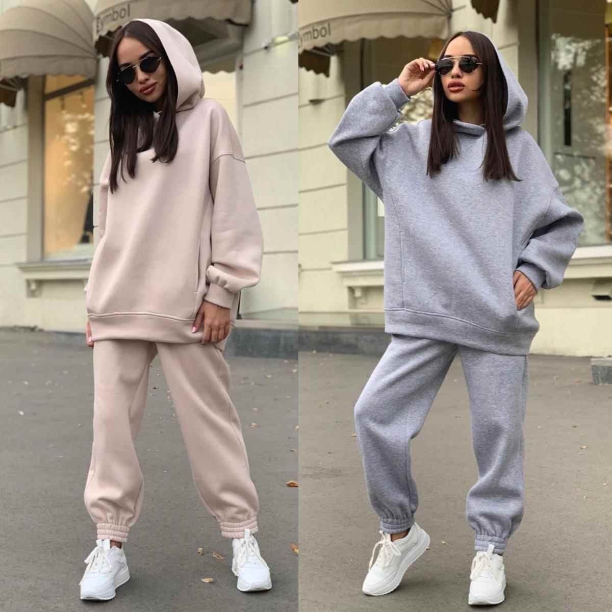 Fashion solid color hooded sweatshirt casual two-piece suit
