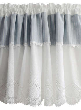 ⇜X70T美式白色棉布绣花蕾丝条纹半帘遮挡裙门帘幔头免打孔穿杆窗