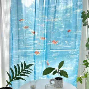 网红金鱼ins风透光窗帘雪纺纱海水纱帘飘窗帘布门帘飘逸阳台纱帘