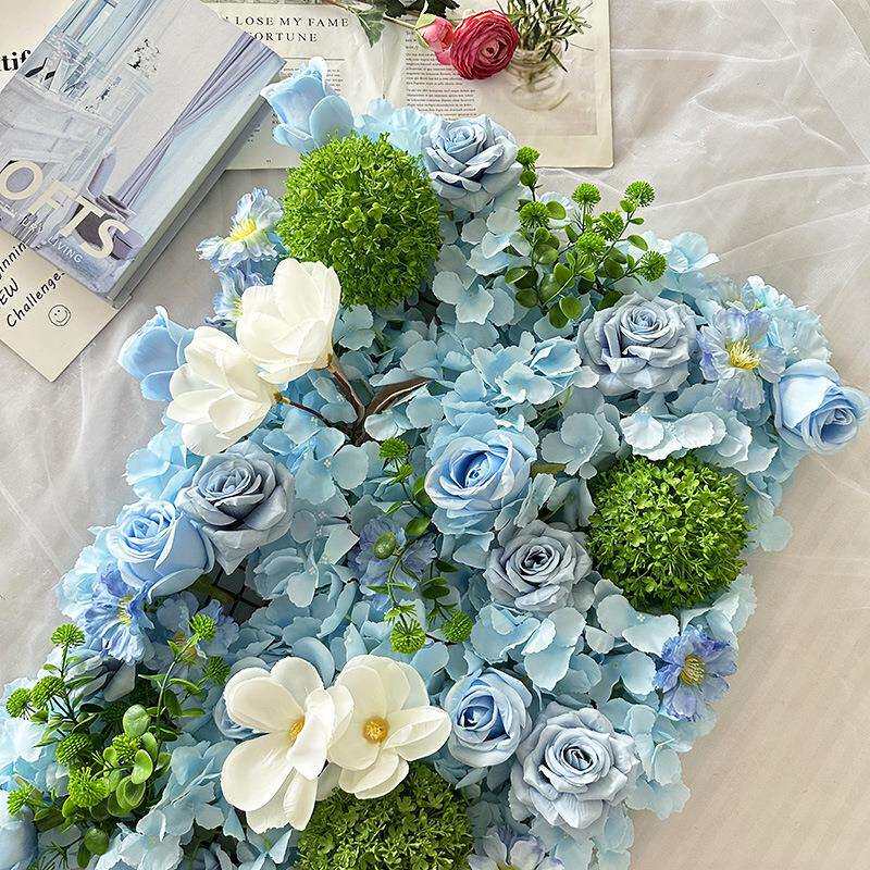 浅蓝色系花材婚庆礼堂背景花墙装饰仿真花酒店布置花墙上装饰假花