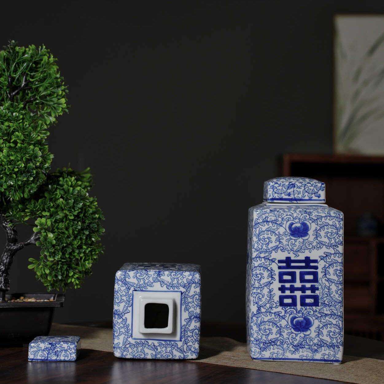 景德镇新中式喜字带盖陶瓷储物罐四方罐青花瓷瓶手绘花纹典雅摆件