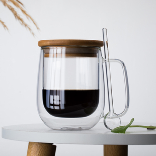 双层隔热牛奶咖啡杯子带把手透明玻璃马克杯家用果汁饮料杯泡茶杯