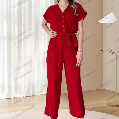 Women's collar single high waisted lace up straight leg