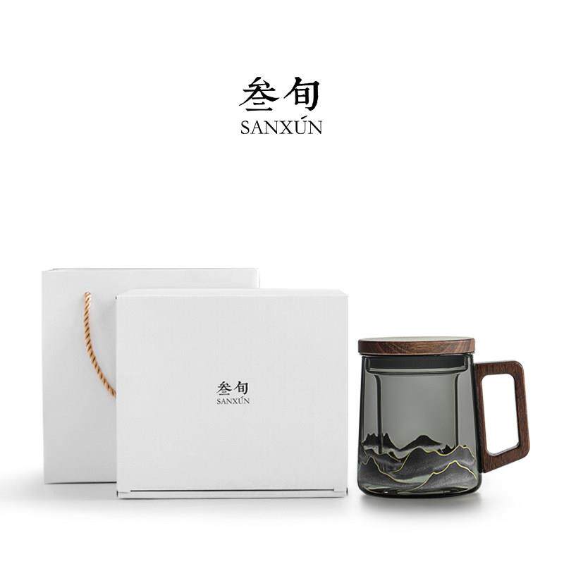 叁分旬温感变色玻璃泡茶杯带盖子过滤水茶杯家用办BLB-613公室水