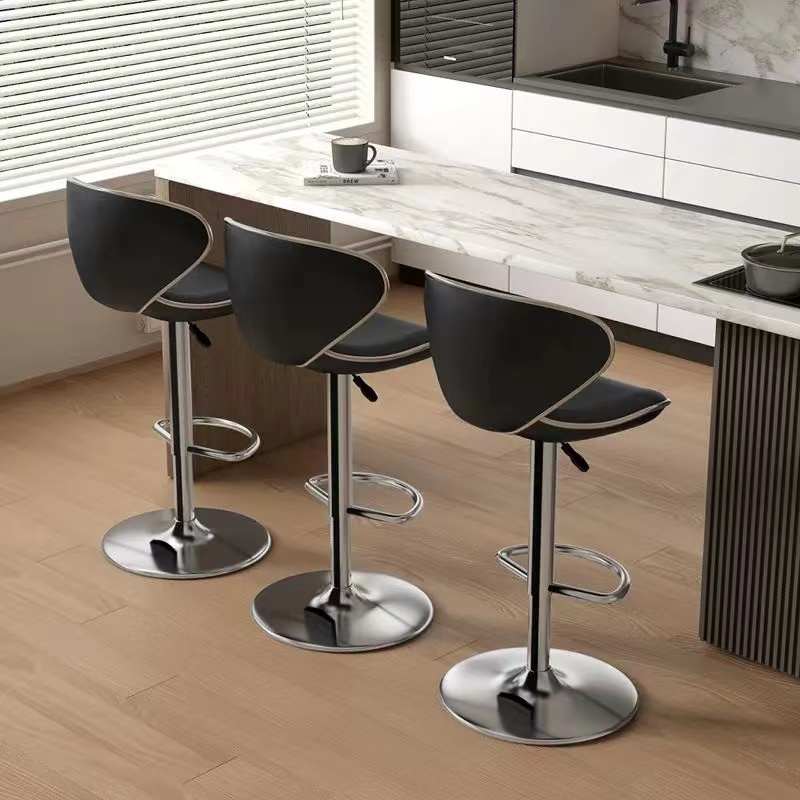 皮质转轮吧台椅升降铁艺靠背酒吧椅前台黑白纯色酒吧圆盘高脚椅子