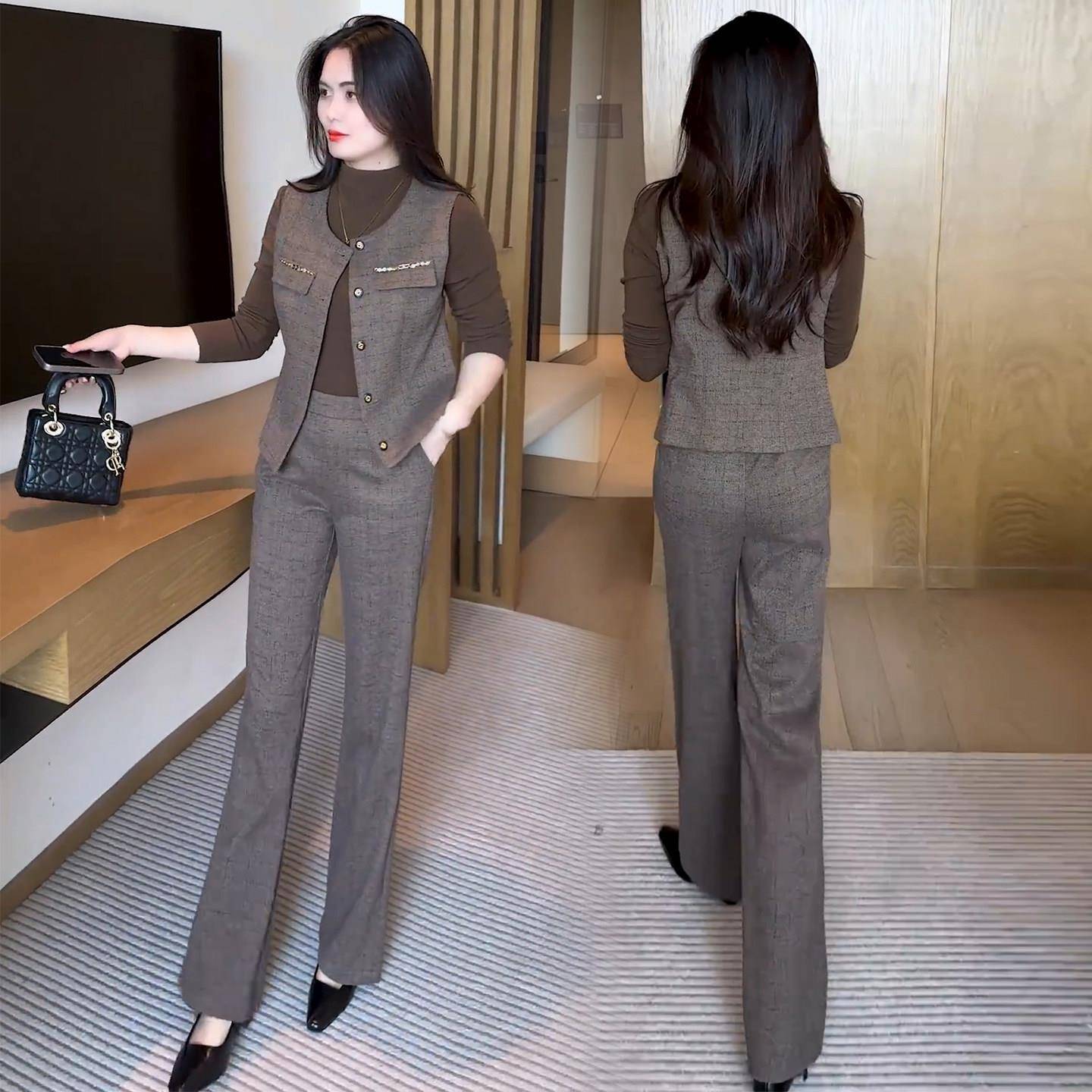 好货时尚洋气套装女2026秋季新款宽松显瘦西装马甲打底衫阔腿裤三