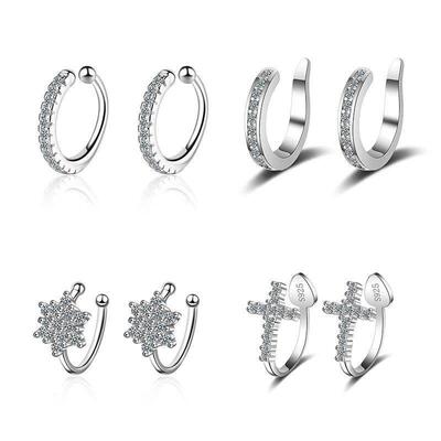 925 Silver Simple Zircon Crystal Clip on Ear Cuff Earring Wo