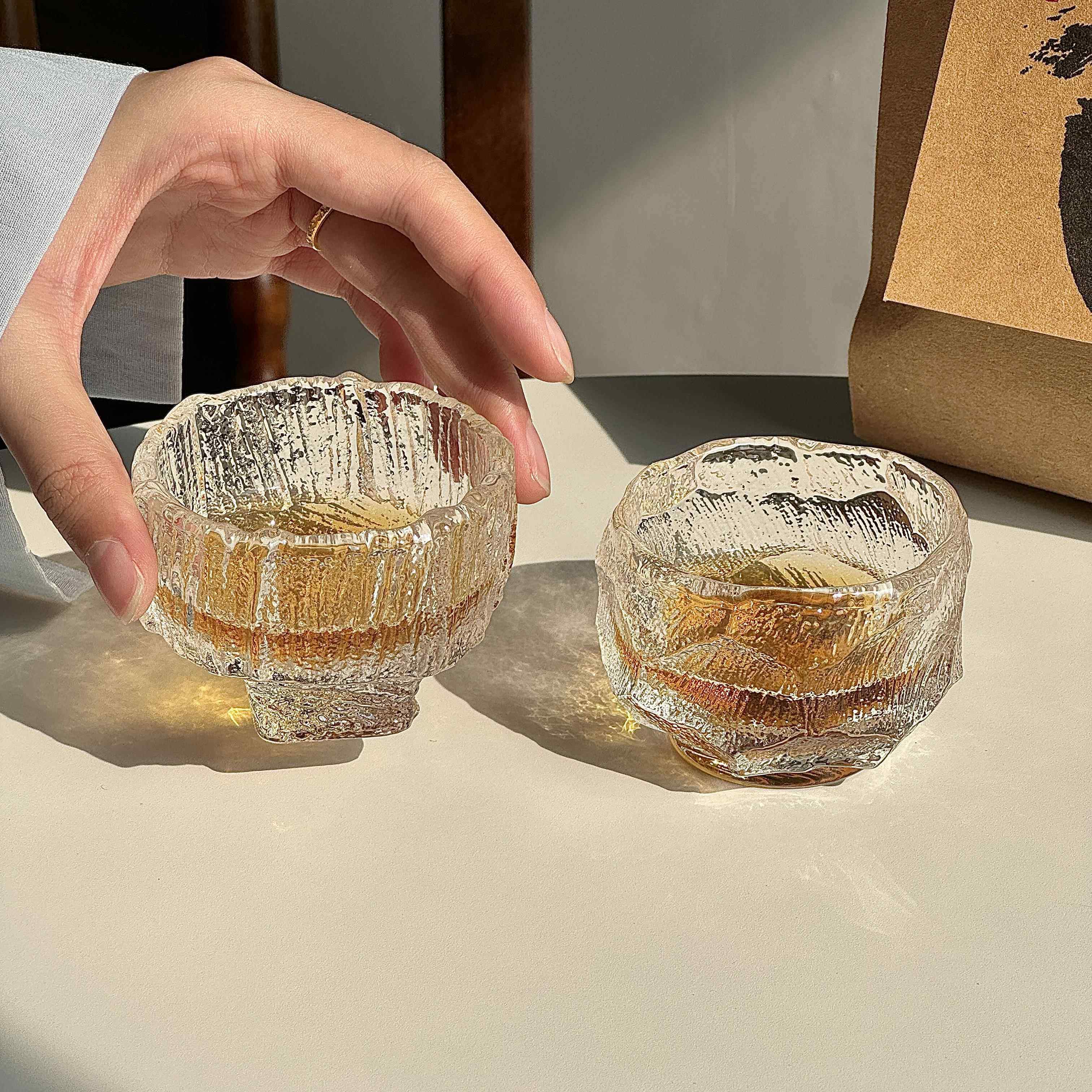玻璃杯小茶杯中古磨砂冰川纹品茗杯主人杯一口杯功夫茶杯侘寂风小