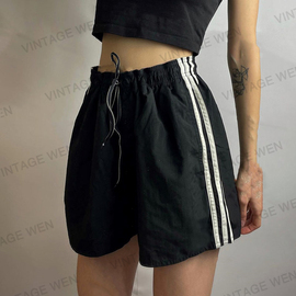 vintagewen美式复古黑色系带，休闲宽松高腰，运动短裤夏季女百搭