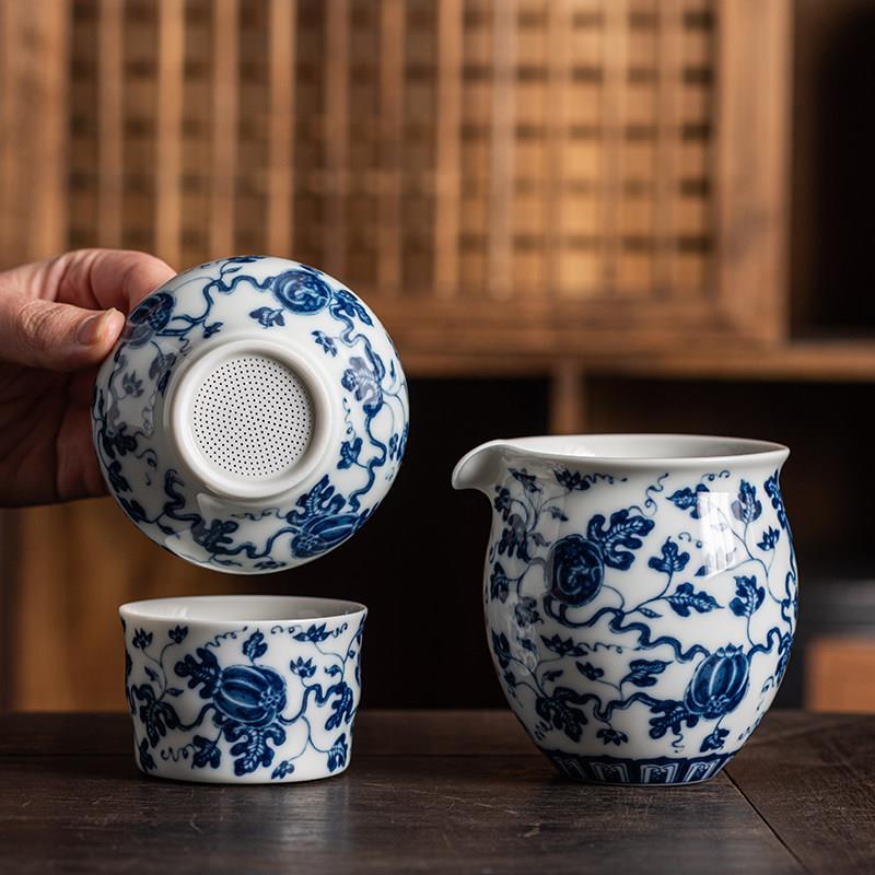 青花瓷茶滤全瓷过滤网景德镇茶隔陶瓷盖碗功夫茶具茶漏公道杯一体