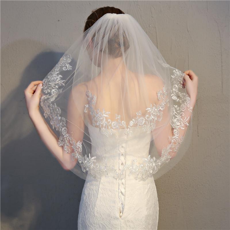 韩系短款双层新娘头纱商贸婚纱照结婚礼服配饰蕾丝拍照小头纱