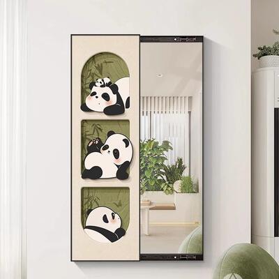 猫推拉式隐藏熊式全身镜挂画隐形穿YIB衣装镜饰画玄关带镜画可遮